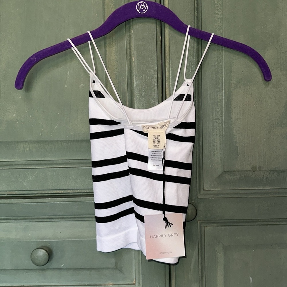 Women’s Strappy Tank Top - White with Black Stripes - Picture 2 of 4